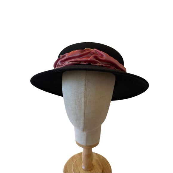 Vintage Hat Black Wool Felt With Rose Pink Ribbon and Flower Detail Romantic